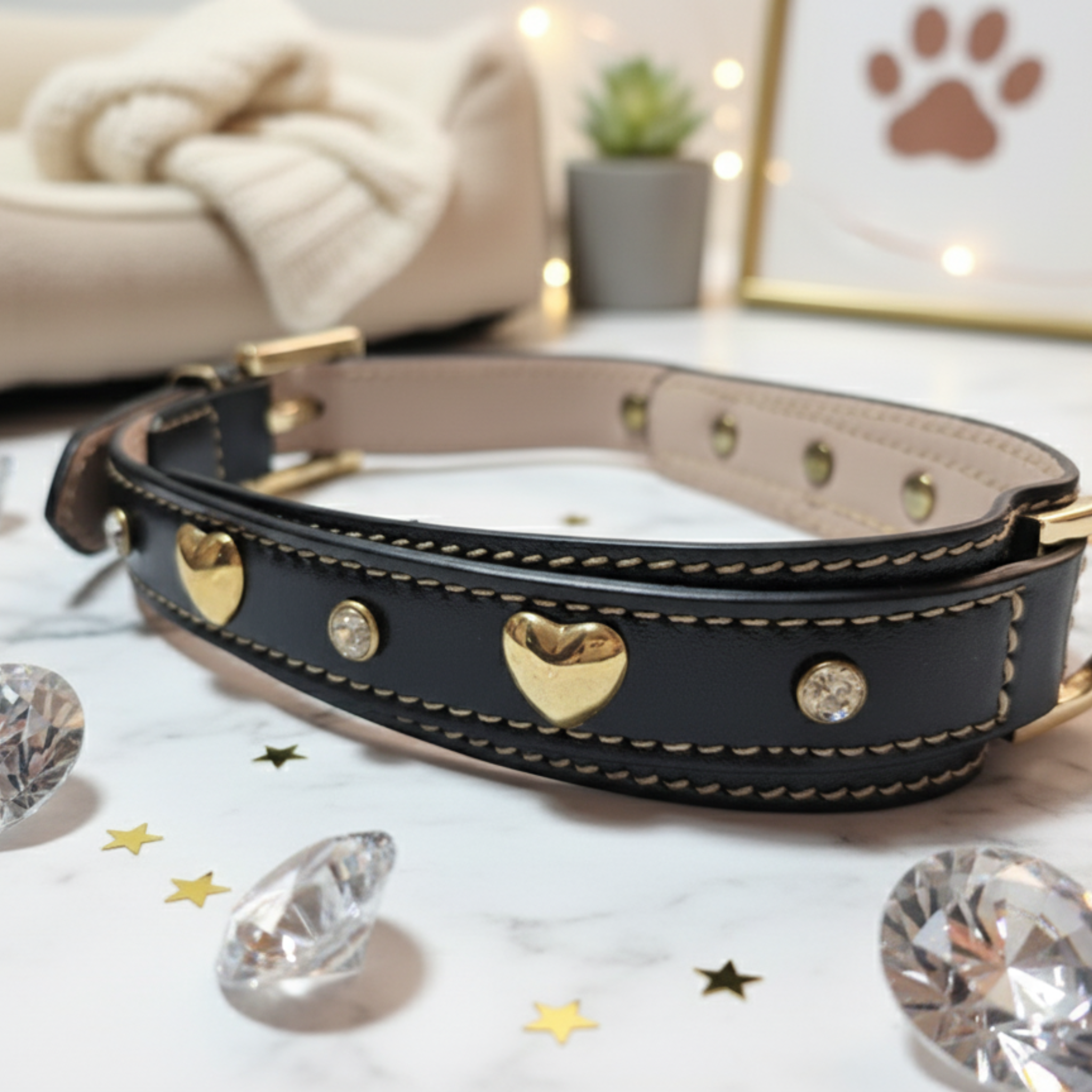 Set Collare con Cristalli e Guinzaglio in Pelle per Cani